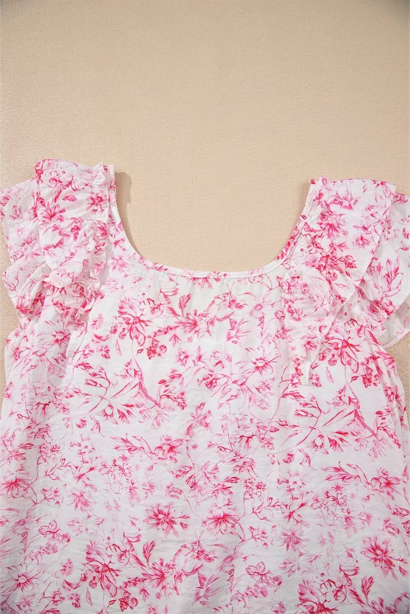 Pink Floral Ruffled Short Sleeve Bow Back Square Neck Blouse - Love Salve